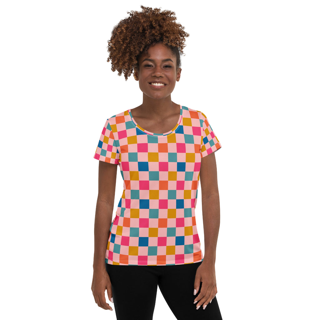 Women’s Pink Retro Checkered Athletic T-Shirt - Lightweight Moisture Wicking Workout Top With UPF 50+