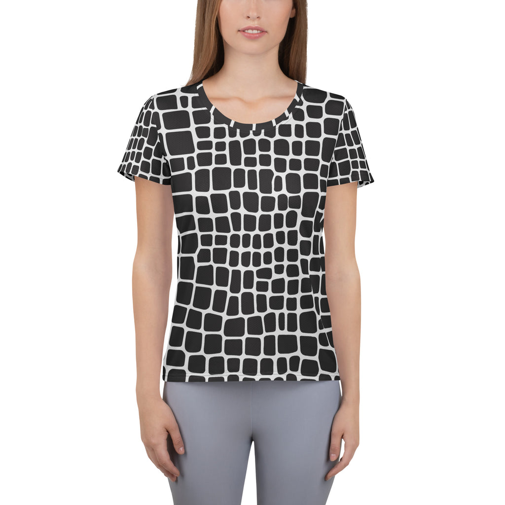 Women’s Black Reptile Print Athletic T-Shirt - Lightweight Moisture Wicking Workout Top With UPF 50+