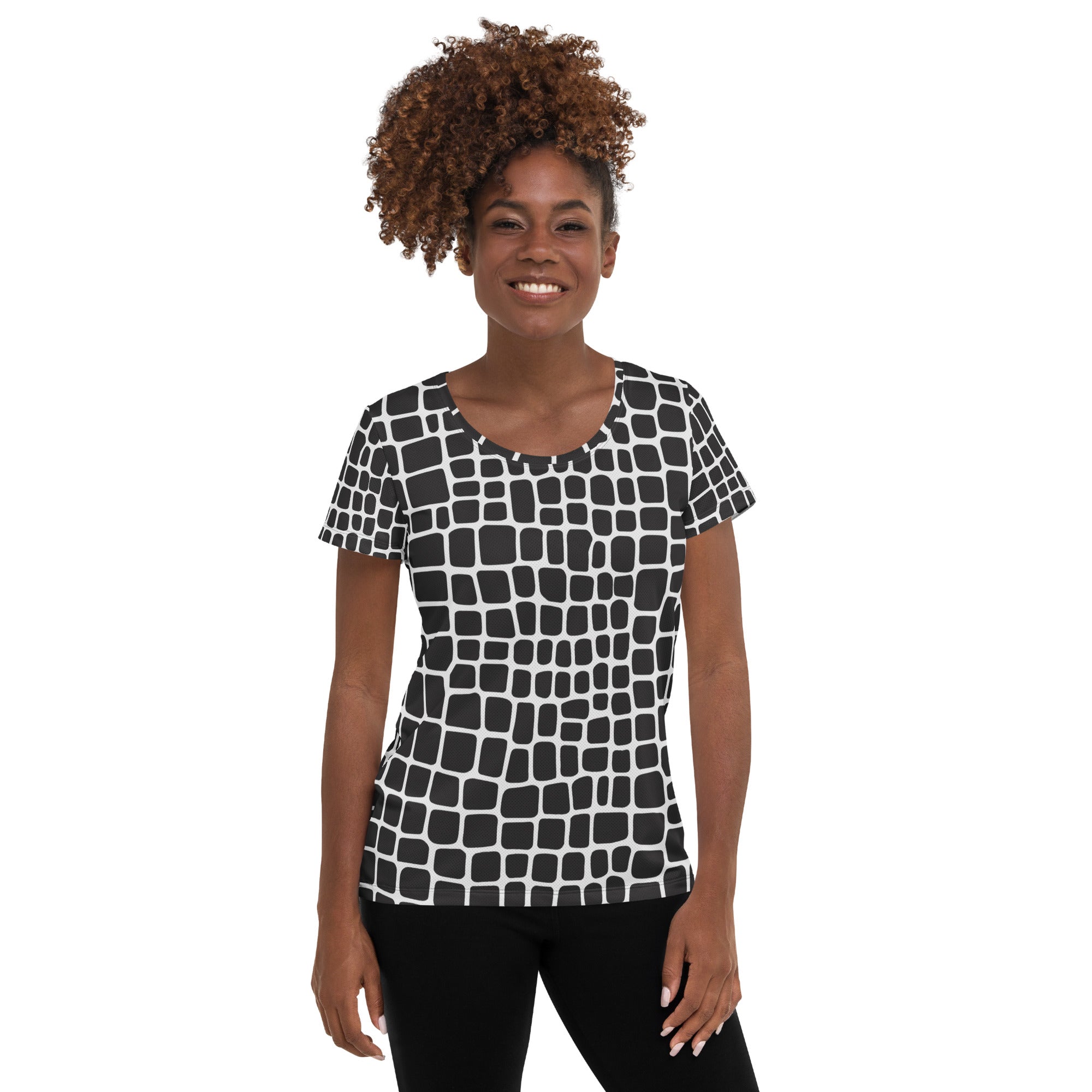 Women’s Black Reptile Print Athletic T-Shirt - Lightweight Moisture Wicking Workout Top With UPF 50+