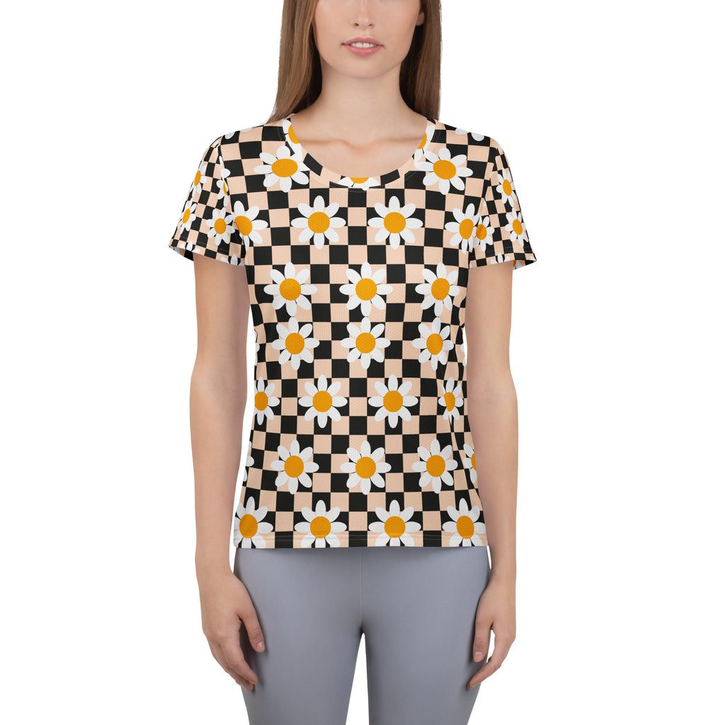 Women’s Daisy Checkerboard Athletic T-Shirt - Lightweight Moisture Wicking Workout Top With UPF 50+