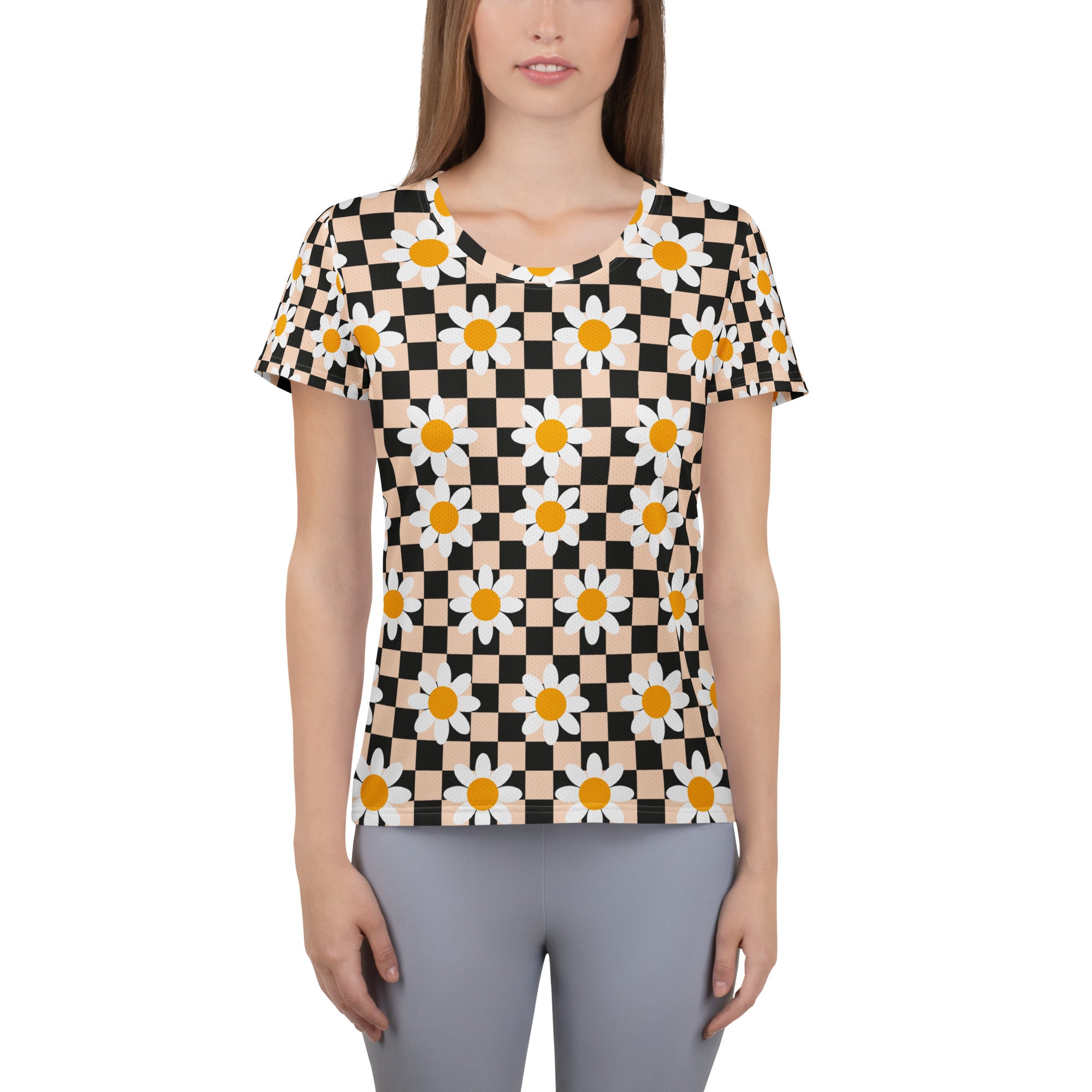 Women’s Daisy Checkerboard Athletic T-Shirt - Lightweight Moisture Wicking Workout Top With UPF 50+