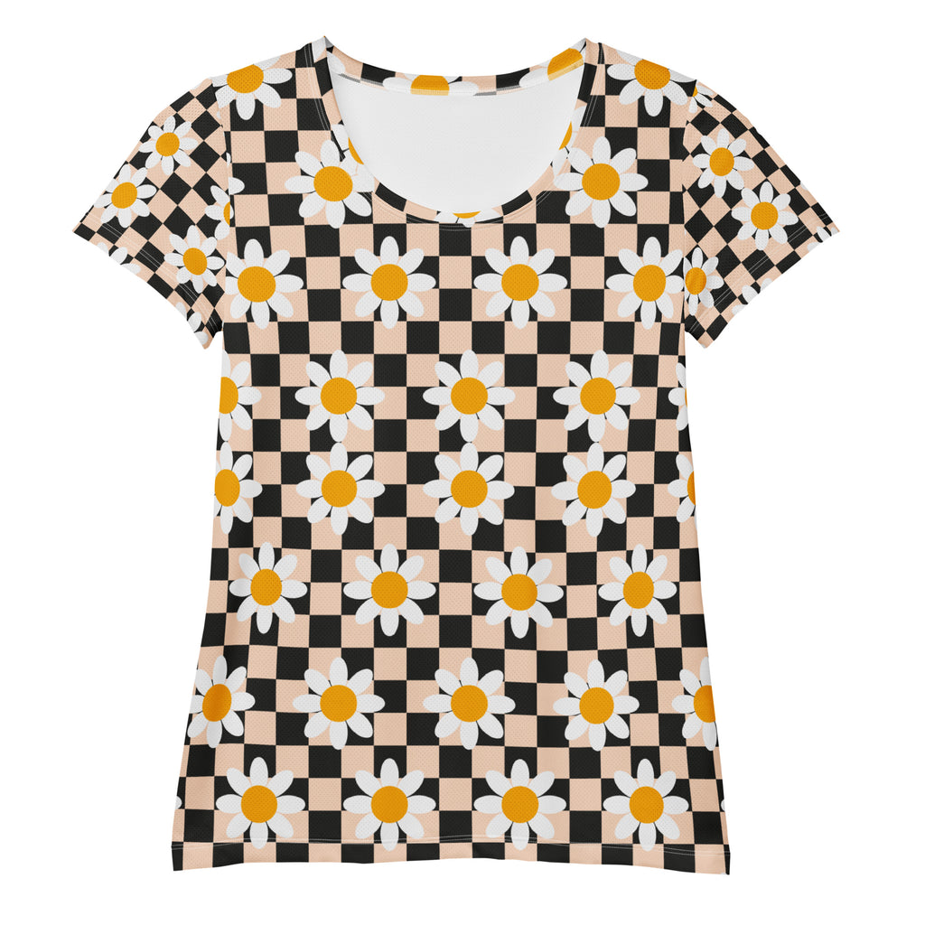 Women’s Daisy Checkerboard Athletic T-Shirt - Lightweight Moisture Wicking Workout Top With UPF 50+