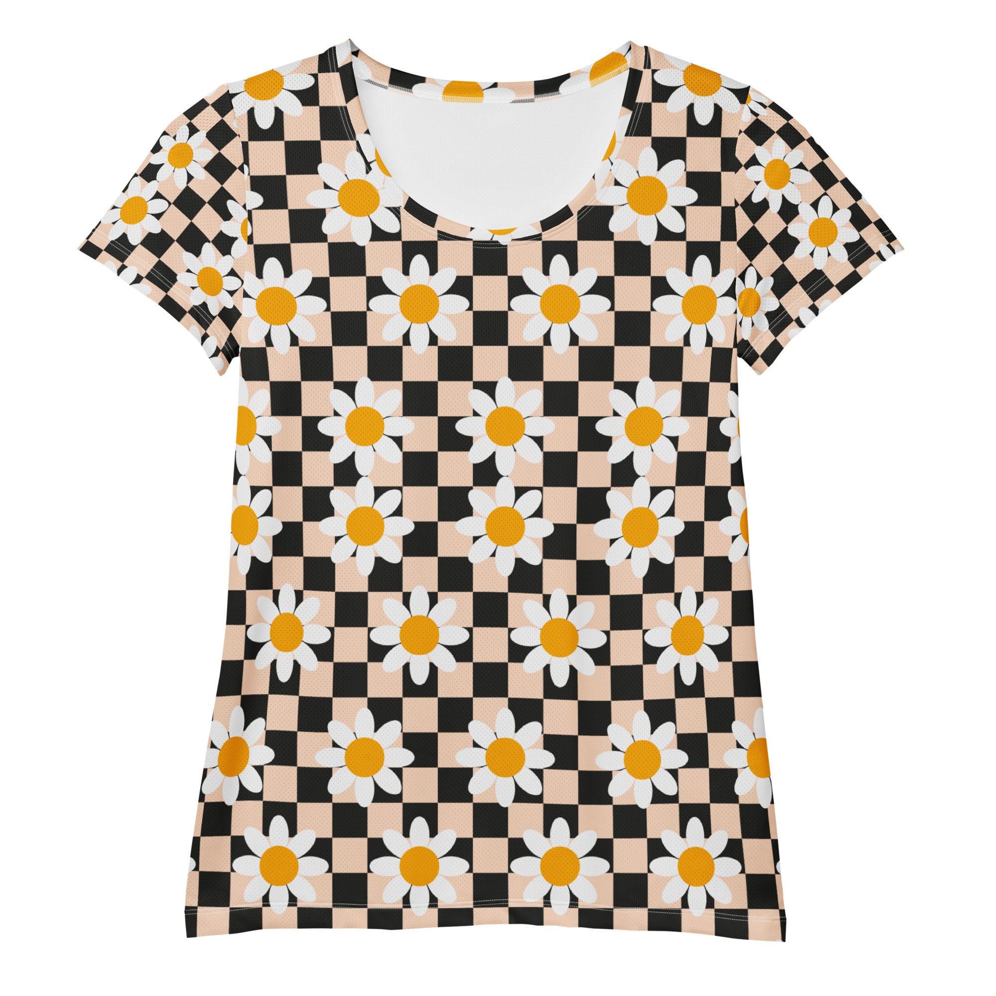 Women’s Daisy Checkerboard Athletic T-Shirt - Lightweight Moisture Wicking Workout Top With UPF 50+