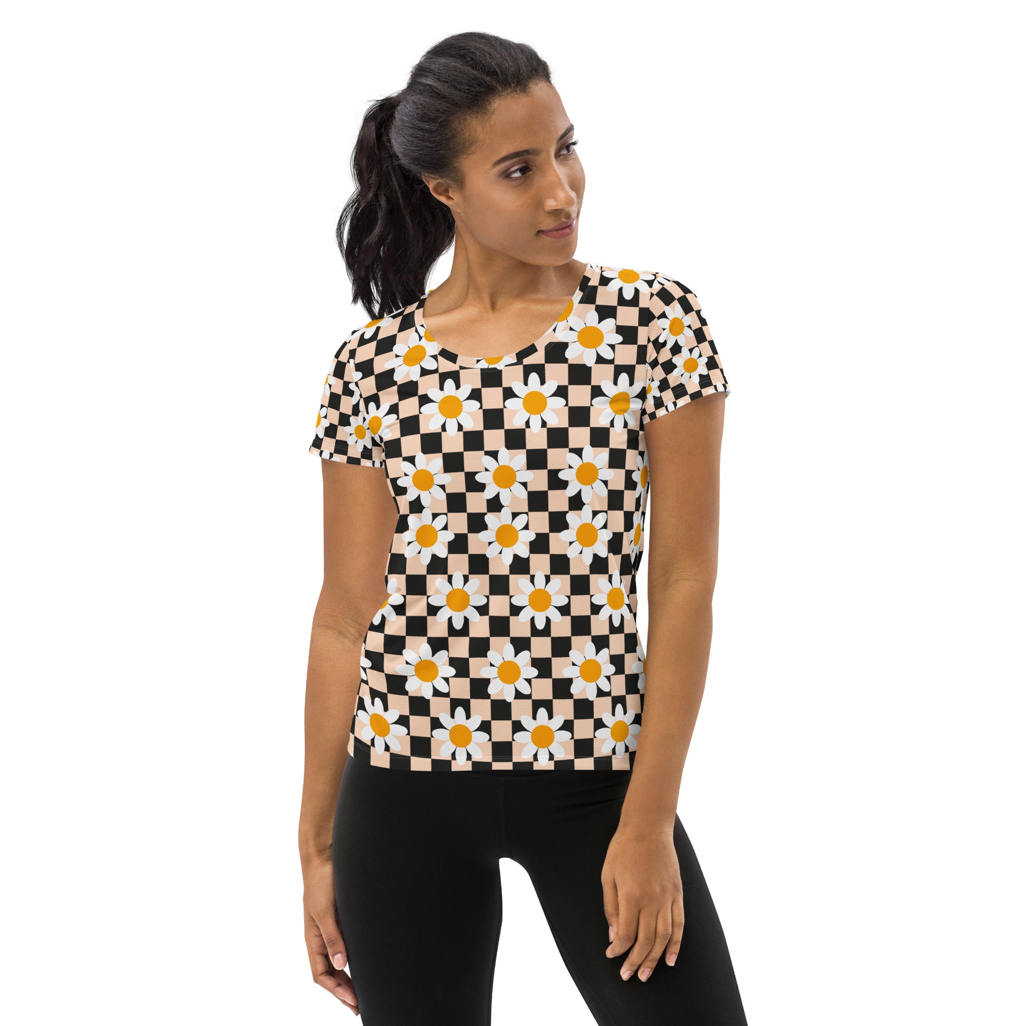 Women’s Daisy Checkerboard Athletic T-Shirt - Lightweight Moisture Wicking Workout Top With UPF 50+