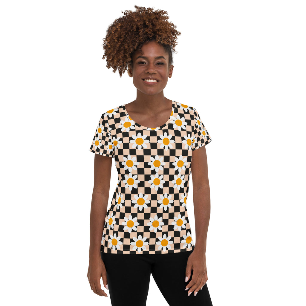 Women’s Daisy Checkerboard Athletic T-Shirt - Lightweight Moisture Wicking Workout Top With UPF 50+
