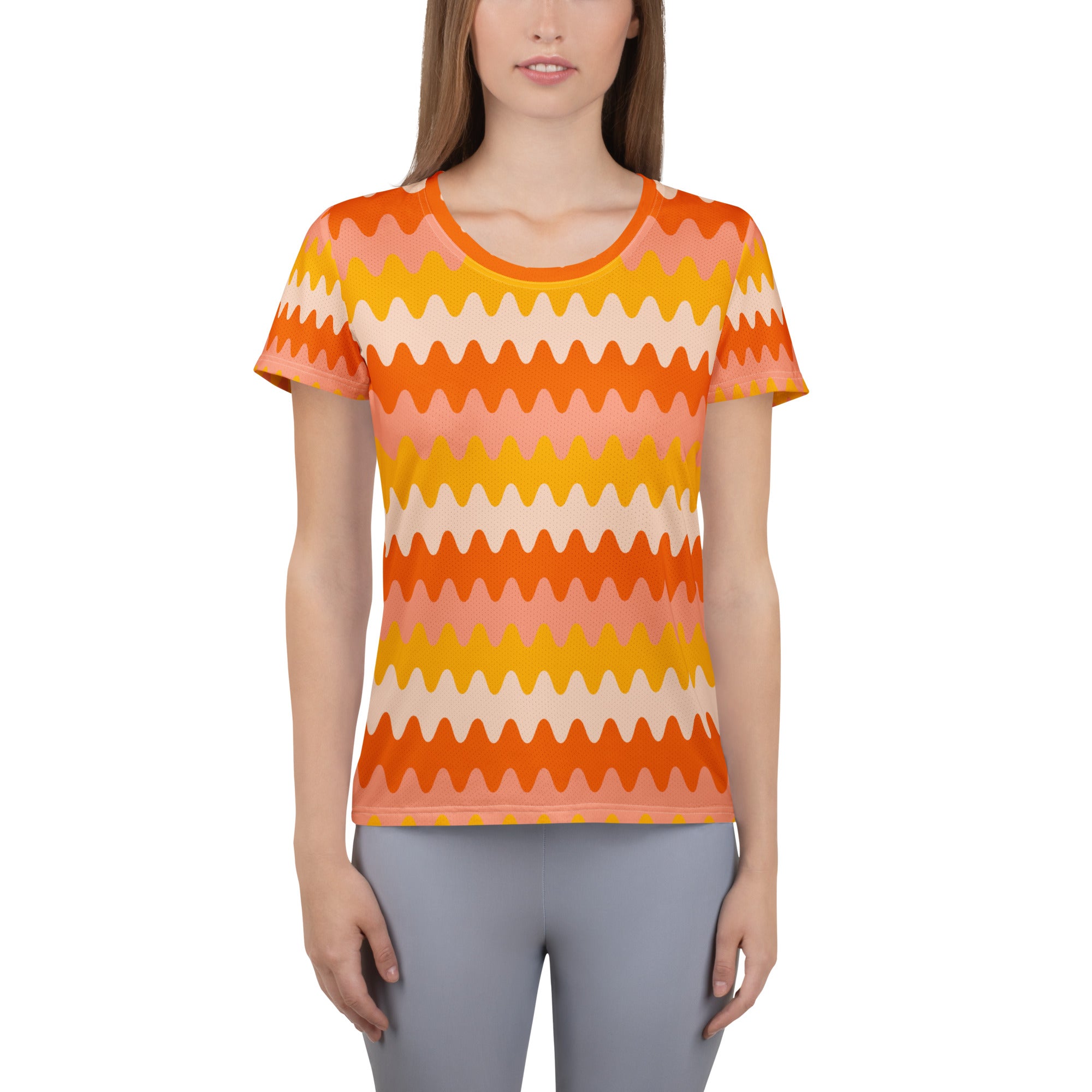 Women’s Orange Wavy Stripe Athletic T-Shirt - Lightweight Moisture Wicking Workout Top With UPF 50+