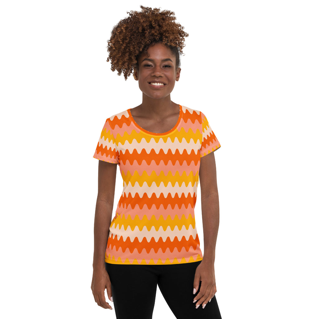 Women’s Orange Wavy Stripe Athletic T-Shirt - Lightweight Moisture Wicking Workout Top With UPF 50+
