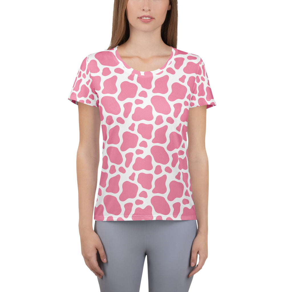 Women’s Pink Cow Print Athletic T-Shirt - Lightweight Moisture Wicking Workout Top With UPF 50+