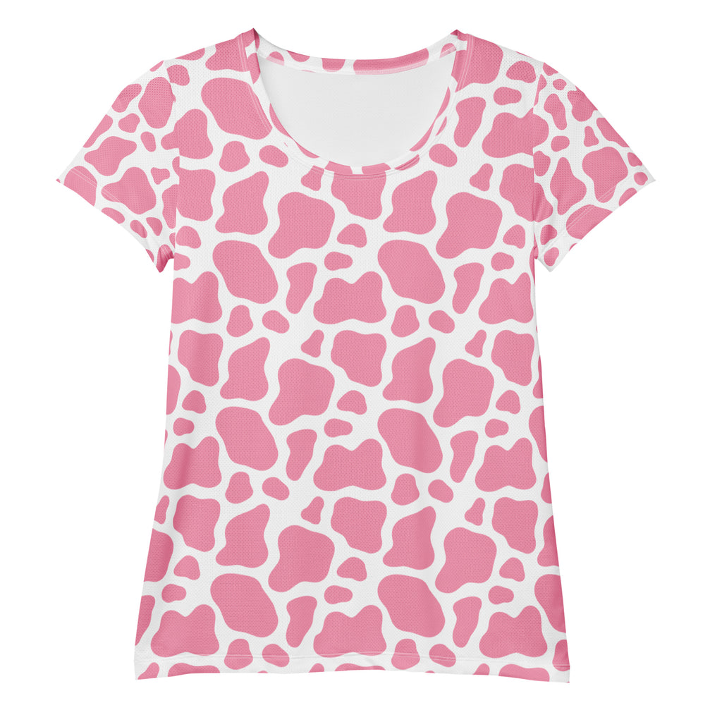 Women’s Pink Cow Print Athletic T-Shirt - Lightweight Moisture Wicking Workout Top With UPF 50+