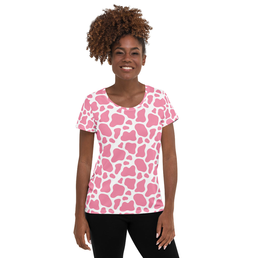Women’s Pink Cow Print Athletic T-Shirt - Lightweight Moisture Wicking Workout Top With UPF 50+