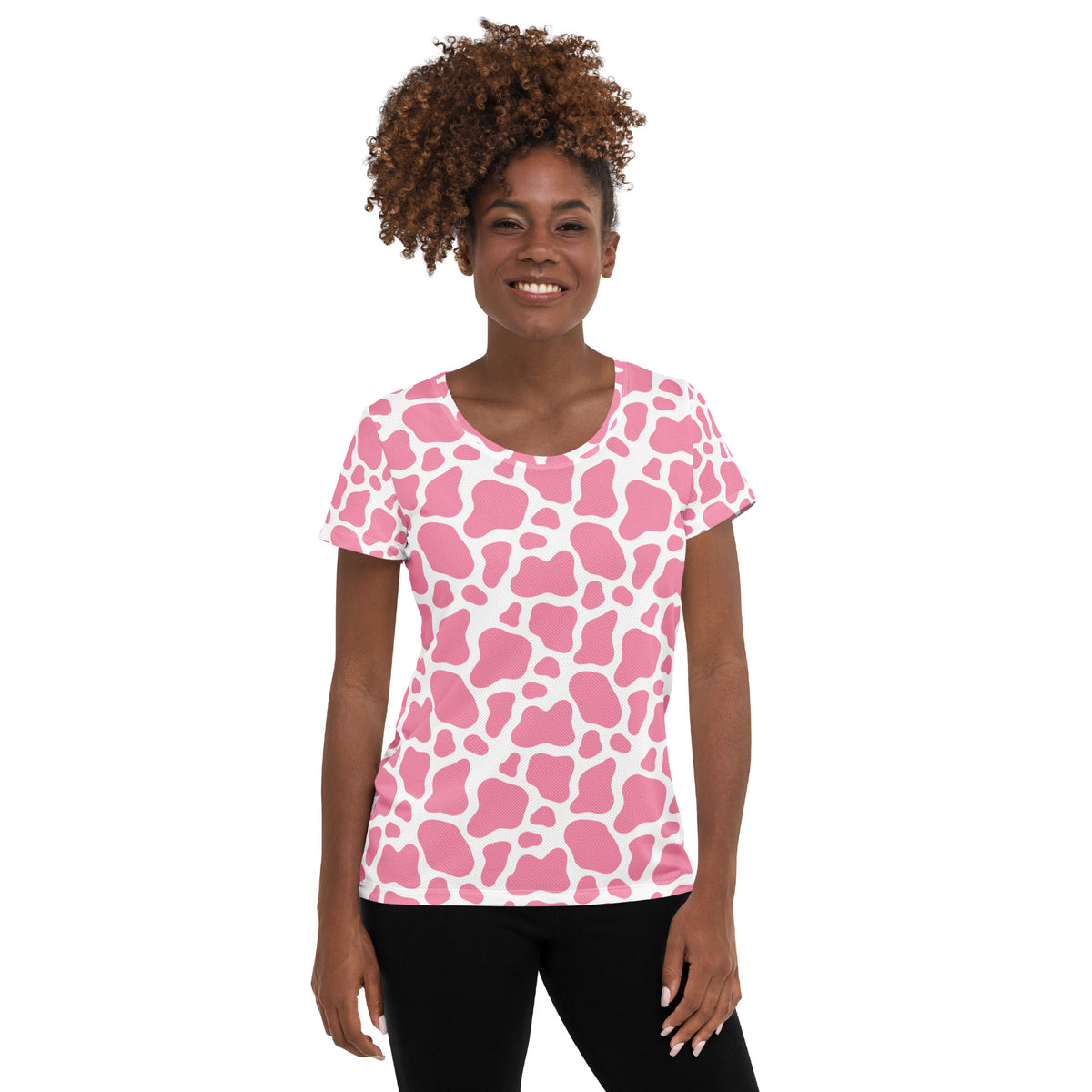 Women’s Pink Cow Print Athletic T-Shirt - Lightweight Moisture Wicking Workout Top With UPF 50+