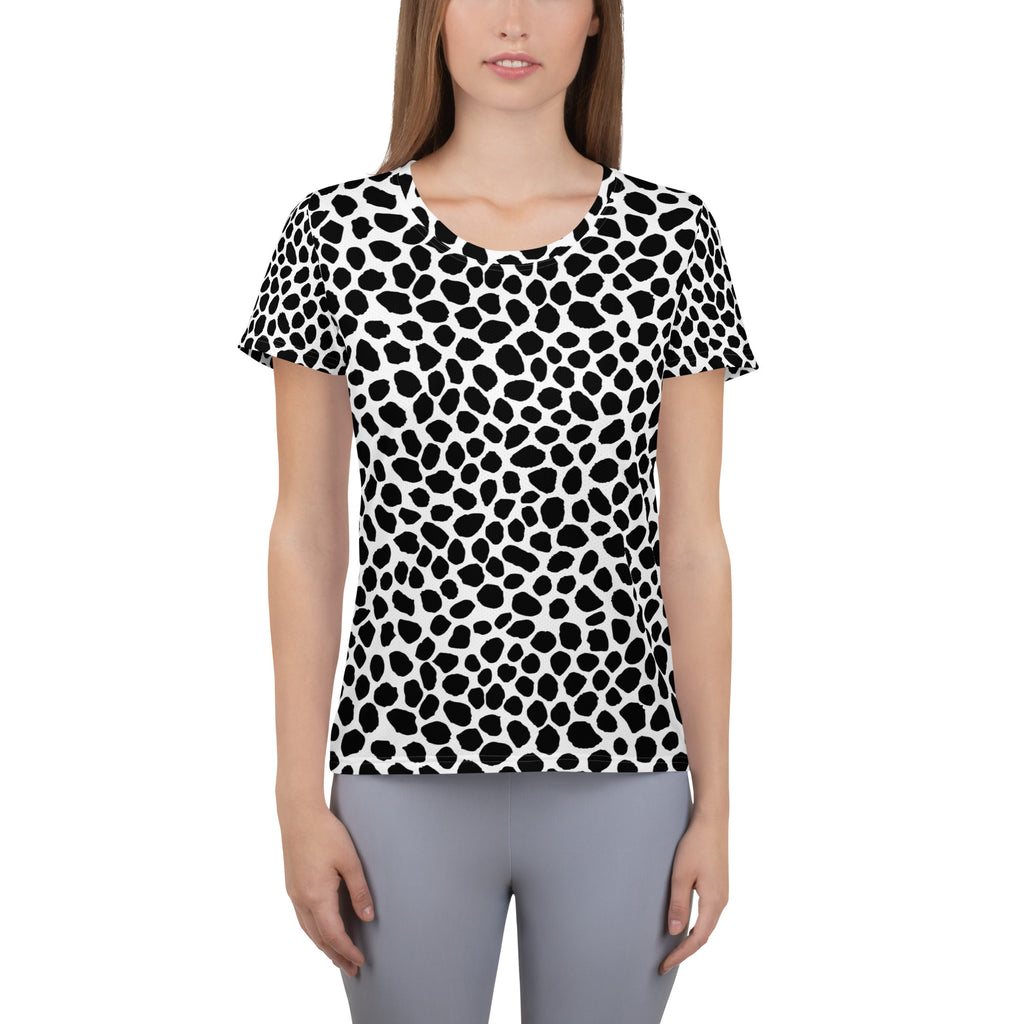Women’s Black & White Spotted Animal Print Athletic T-Shirt - Lightweight Moisture Wicking Workout Top With UPF 50+