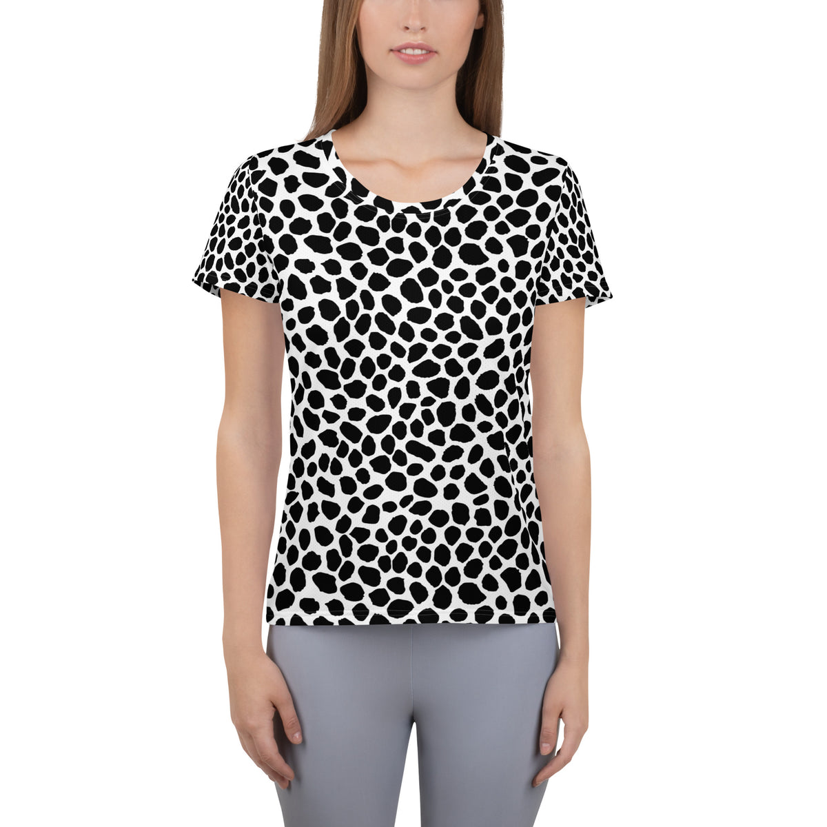 Women’s Black & White Spotted Animal Print Athletic T-Shirt - Lightweight Moisture Wicking Workout Top With UPF 50+