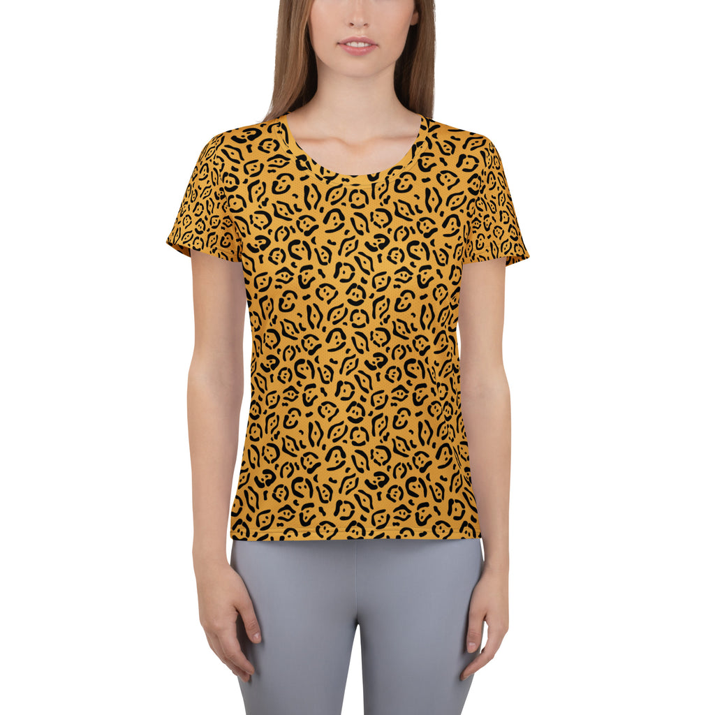Women’s Golden Leopard Print Athletic T-Shirt - Lightweight Moisture Wicking Workout Top With UPF 50+