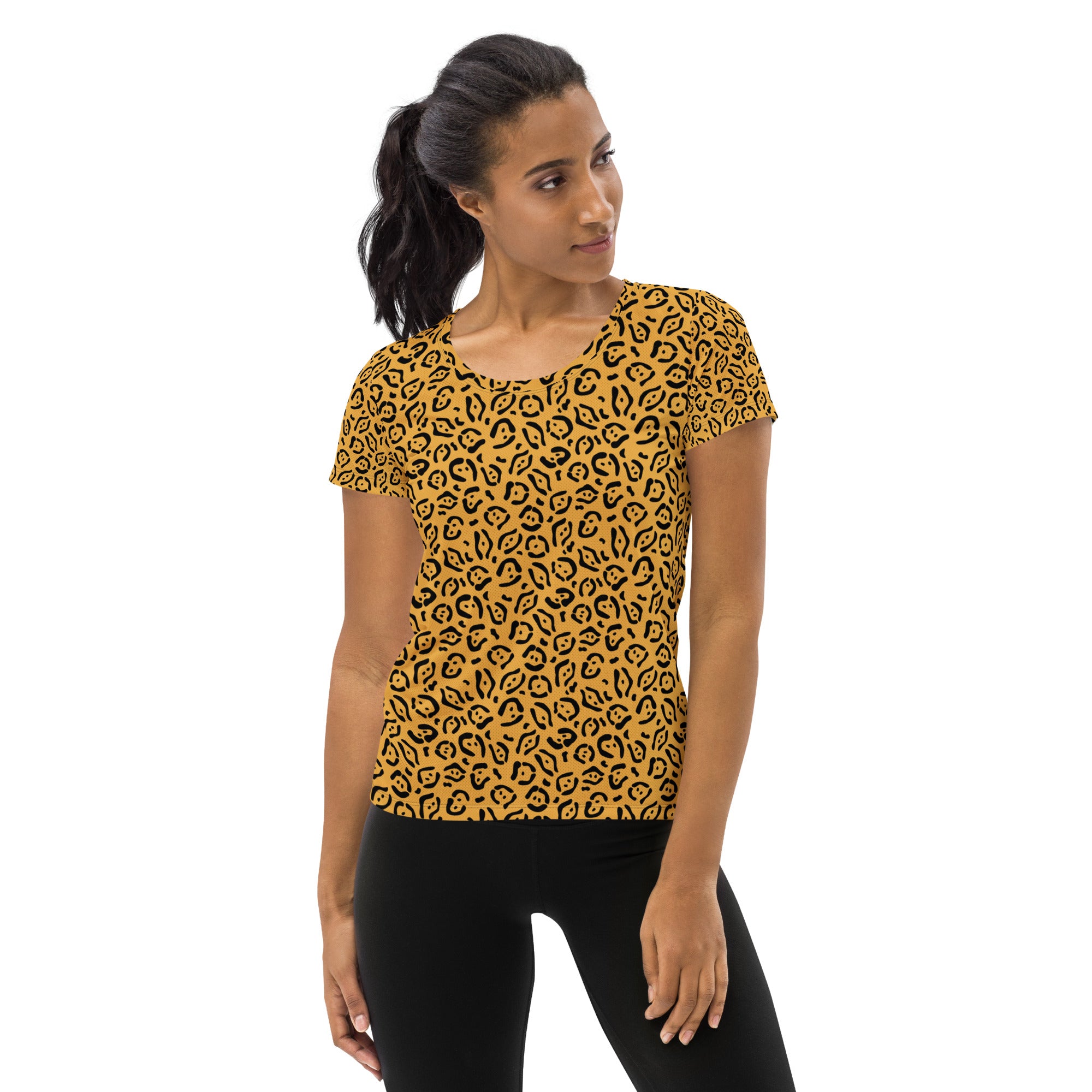 Women’s Golden Leopard Print Athletic T-Shirt - Lightweight Moisture Wicking Workout Top With UPF 50+