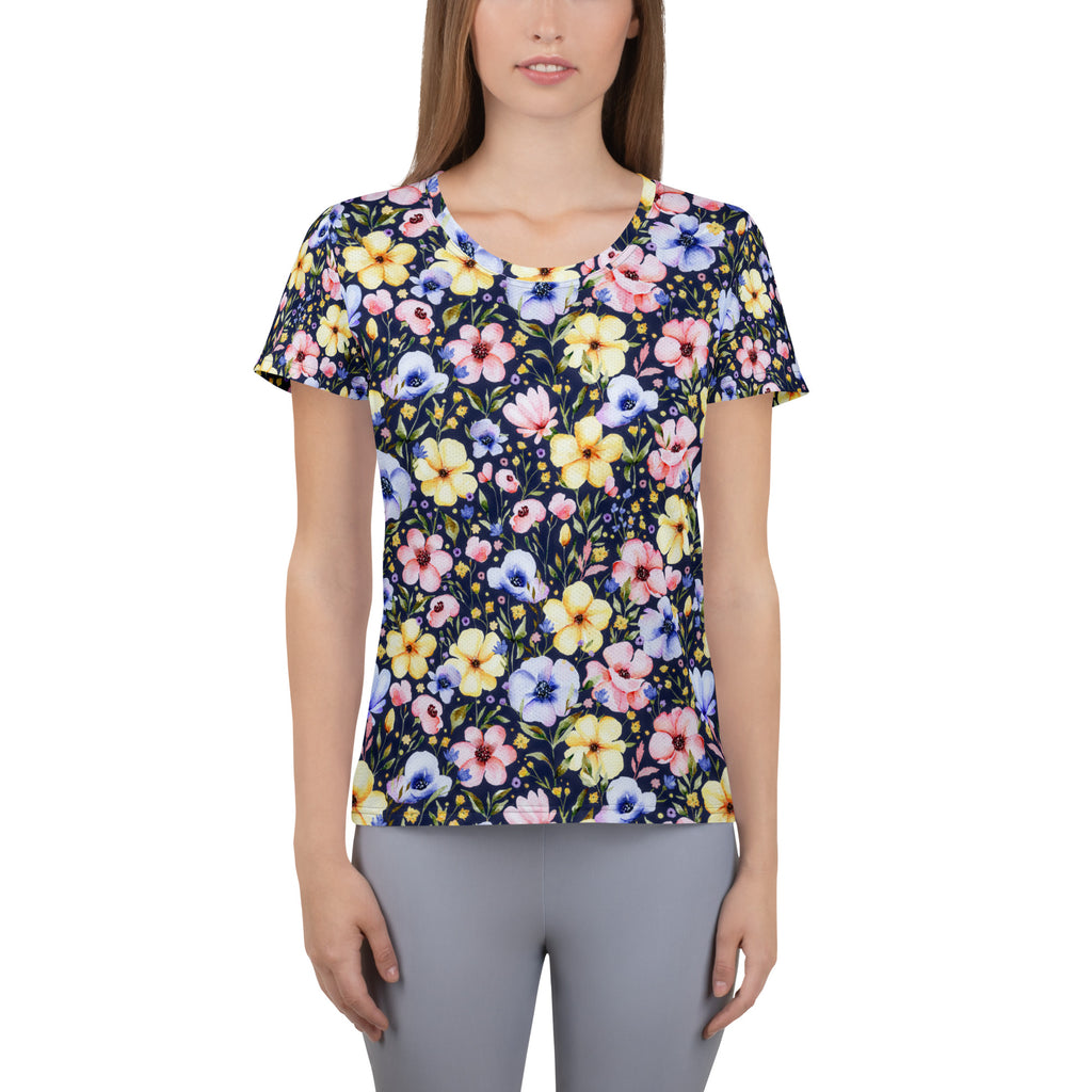 Women’s Navy Wildflower Athletic T-Shirt - Lightweight Moisture Wicking Workout Top With UPF 50+