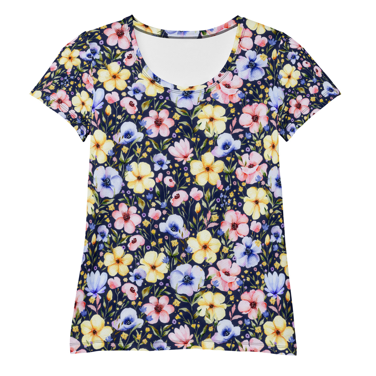 Women’s Navy Wildflower Athletic T-Shirt - Lightweight Moisture Wicking Workout Top With UPF 50+
