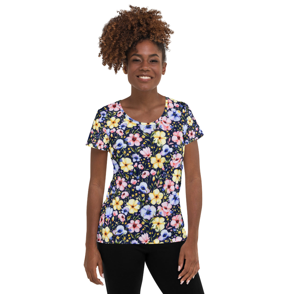Women’s Navy Wildflower Athletic T-Shirt - Lightweight Moisture Wicking Workout Top With UPF 50+