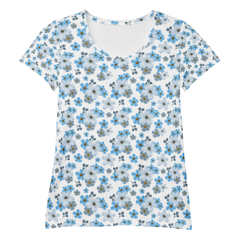 Women’s Watercolor Blue Floral Athletic T-Shirt - Lightweight Moisture Wicking Workout Top With UPF 50+
