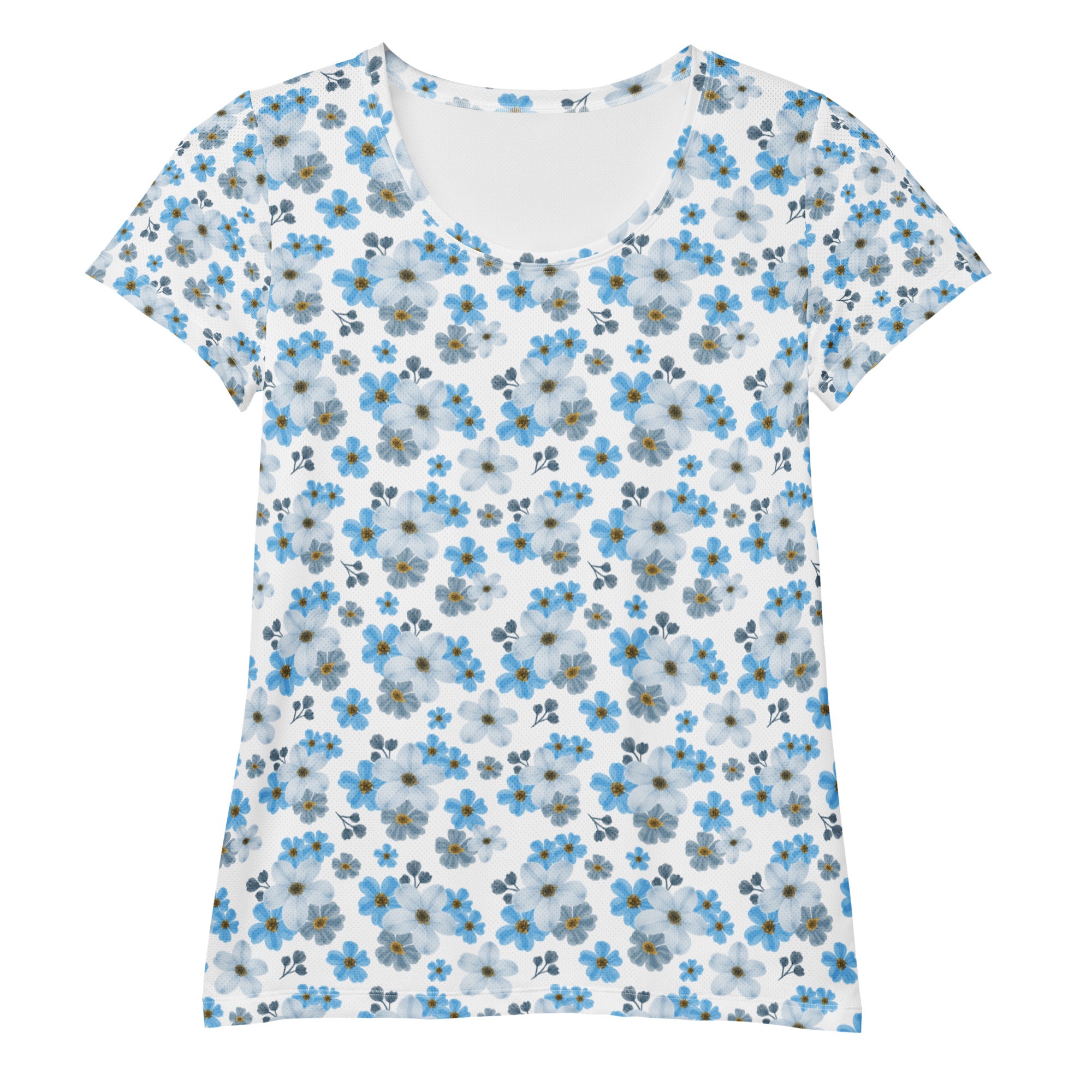 Women’s Watercolor Blue Floral Athletic T-Shirt - Lightweight Moisture Wicking Workout Top With UPF 50+