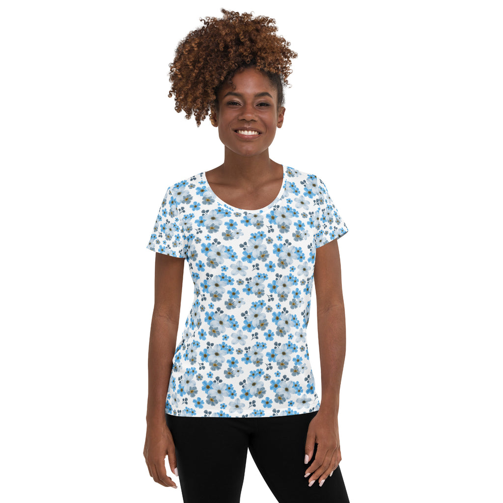 Women’s Watercolor Blue Floral Athletic T-Shirt - Lightweight Moisture Wicking Workout Top With UPF 50+