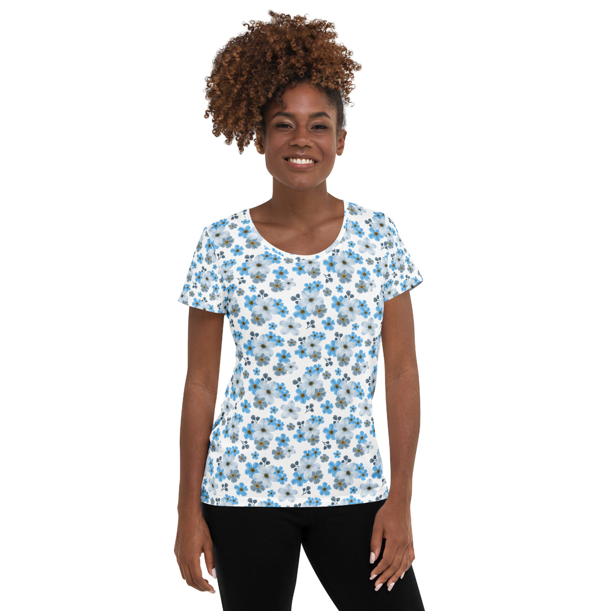Women’s Watercolor Blue Floral Athletic T-Shirt - Lightweight Moisture Wicking Workout Top With UPF 50+