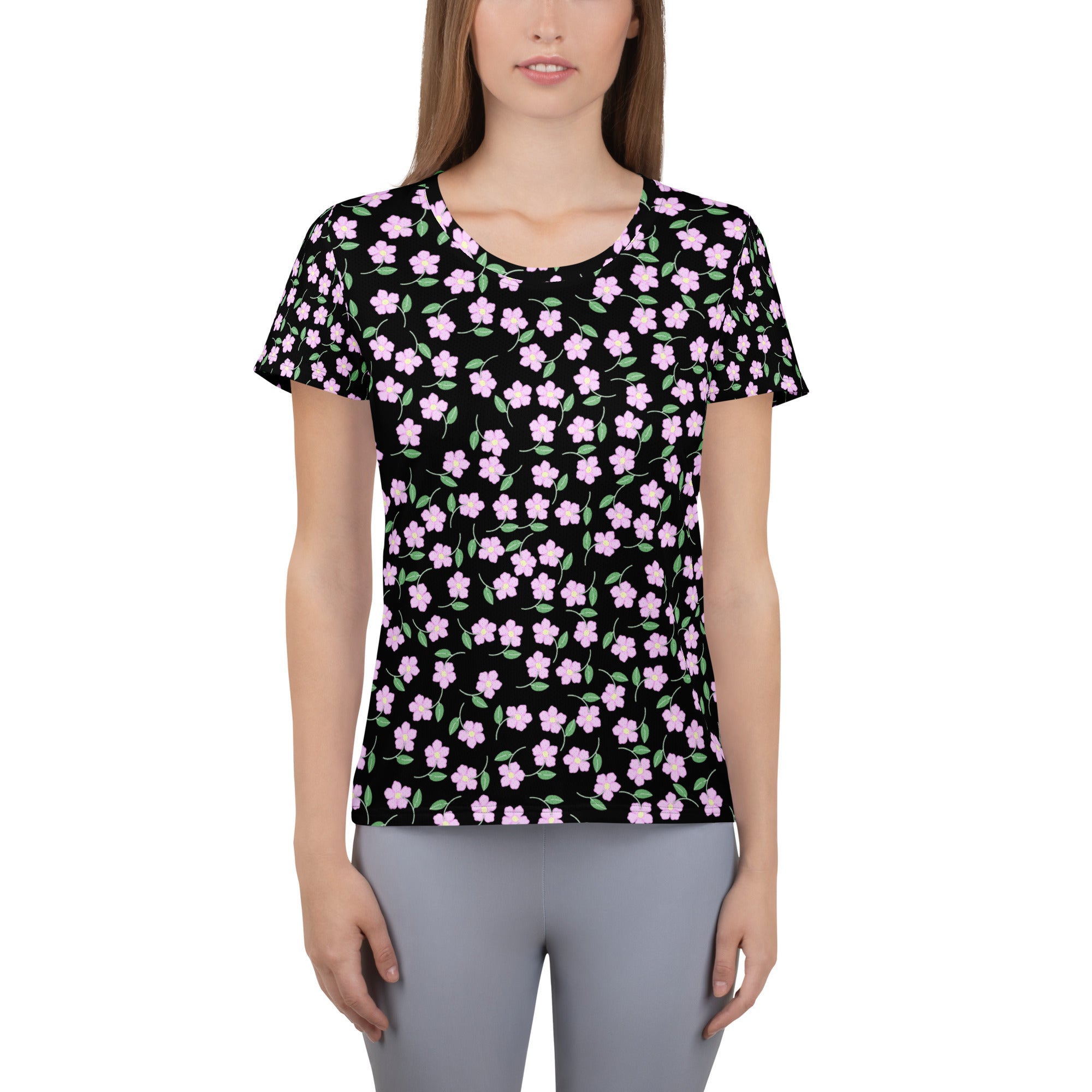 Women’s Ditsy Flower Athletic T-Shirt - Lightweight Moisture Wicking Workout Top With UPF 50+