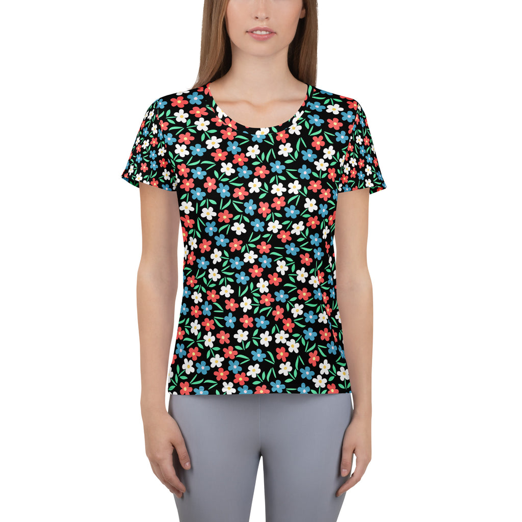 Women’s Colorful Black Wildflower Athletic T-Shirt - Lightweight Moisture Wicking Workout Top With UPF 50+
