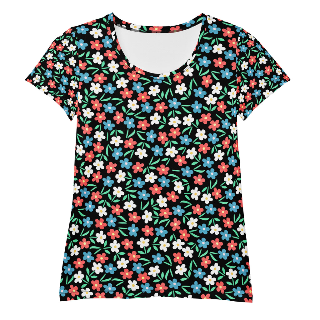 Women’s Colorful Black Wildflower Athletic T-Shirt - Lightweight Moisture Wicking Workout Top With UPF 50+