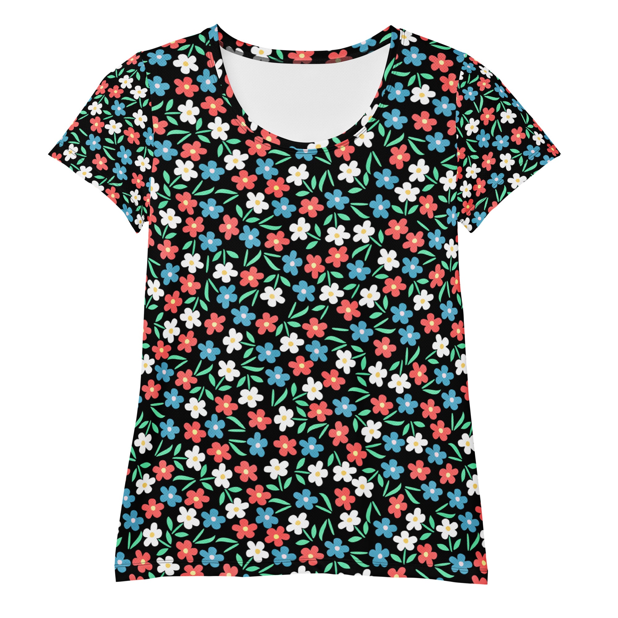 Women’s Colorful Black Wildflower Athletic T-Shirt - Lightweight Moisture Wicking Workout Top With UPF 50+
