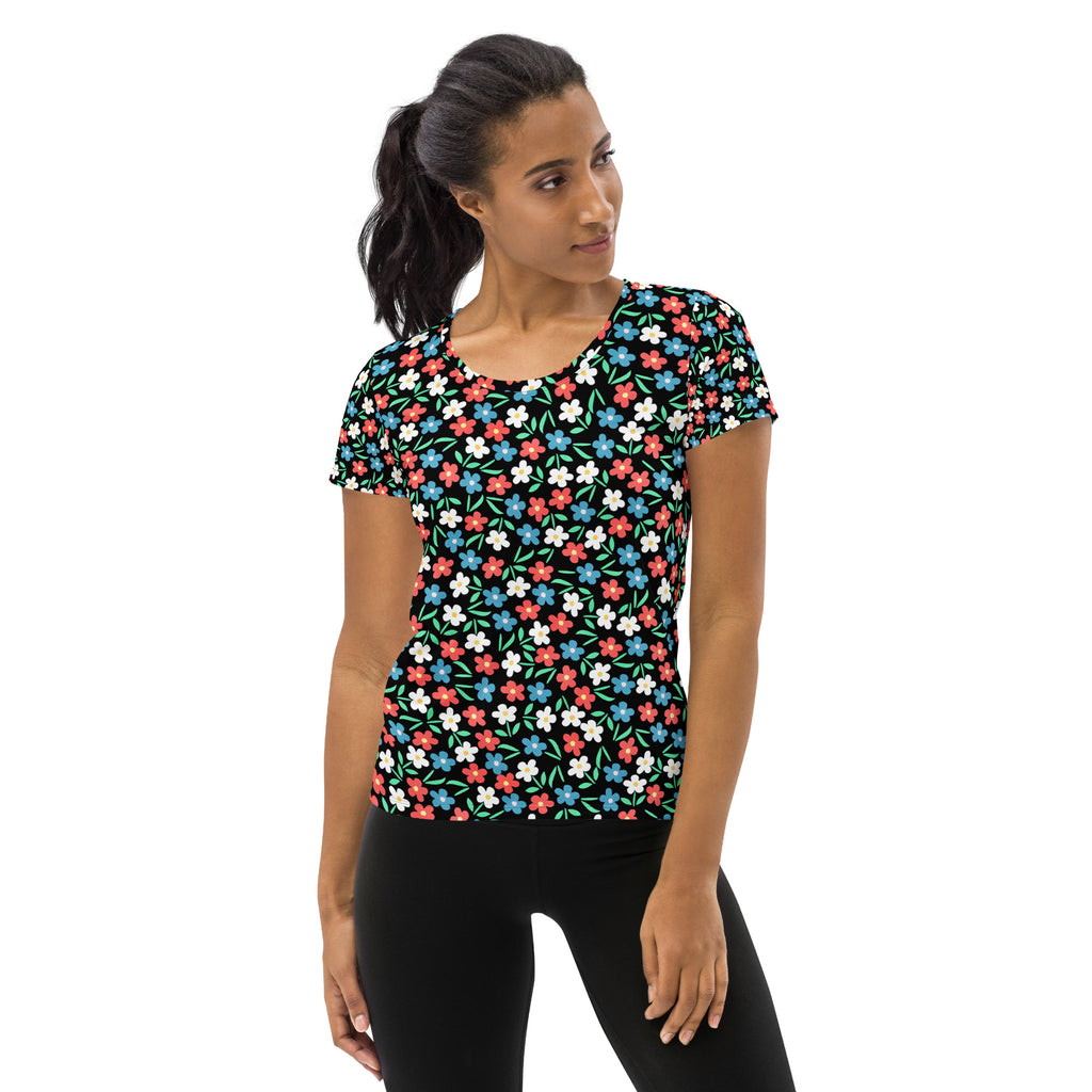 Women’s Colorful Black Wildflower Athletic T-Shirt - Lightweight Moisture Wicking Workout Top With UPF 50+