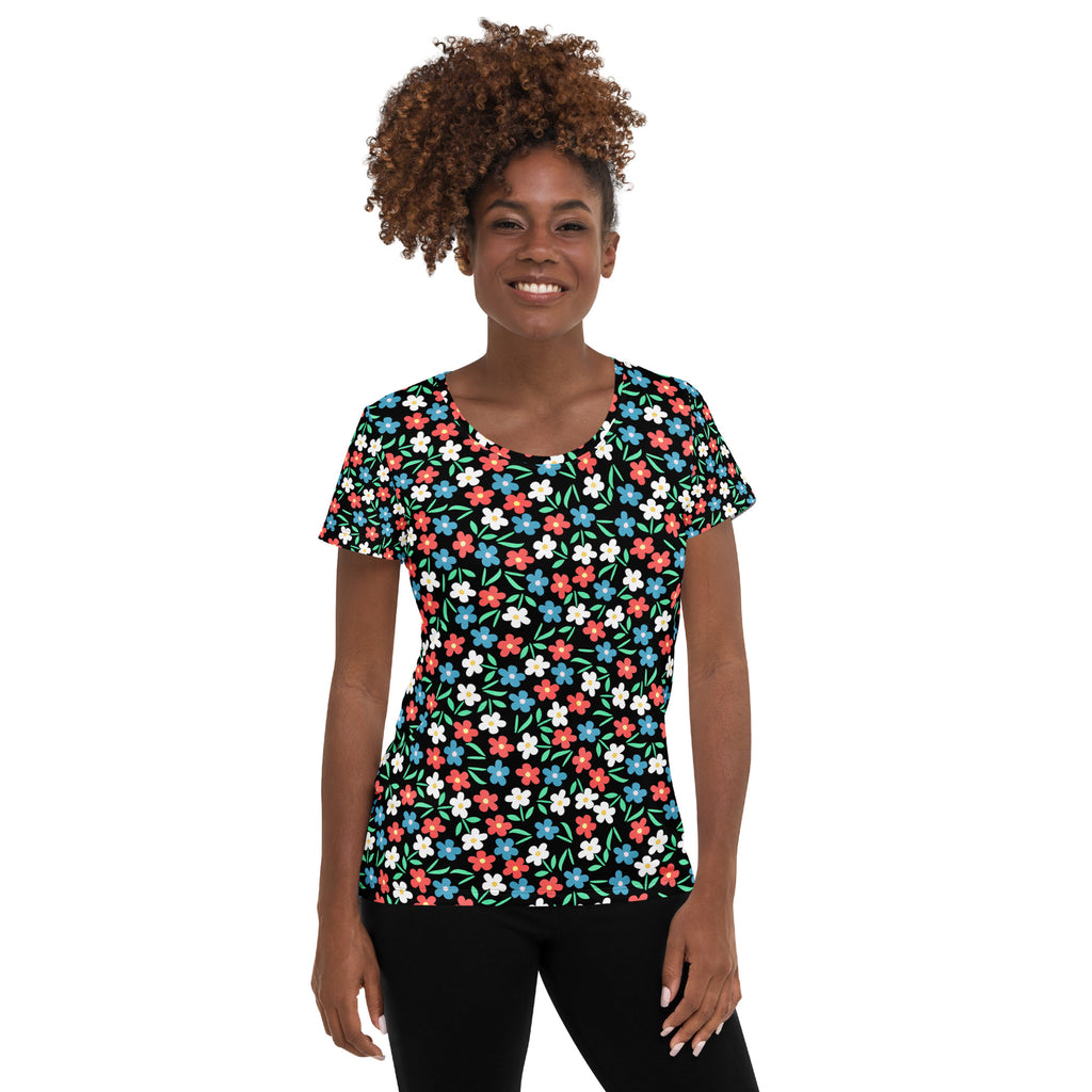 Women’s Colorful Black Wildflower Athletic T-Shirt - Lightweight Moisture Wicking Workout Top With UPF 50+