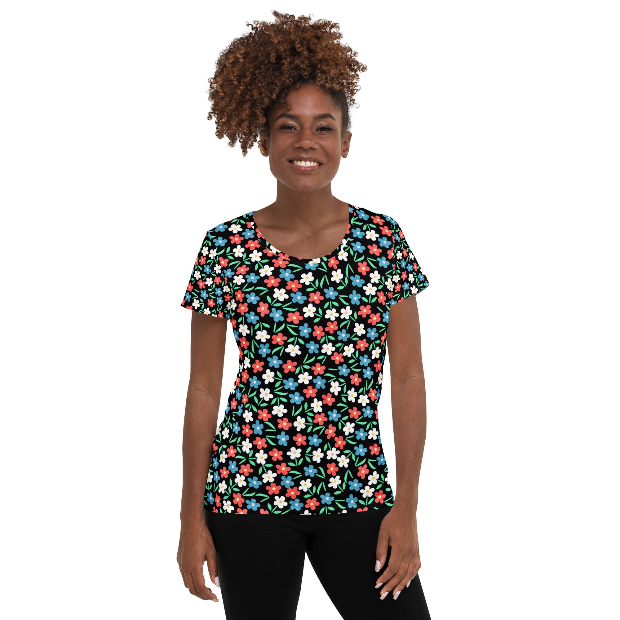 Women’s Colorful Black Wildflower Athletic T-Shirt - Lightweight Moisture Wicking Workout Top With UPF 50+