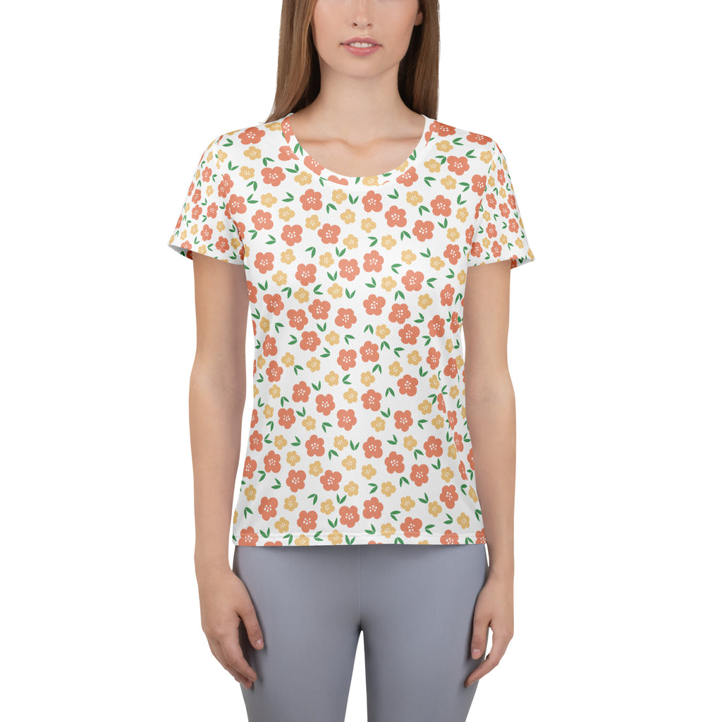 Women’s Peach Floral Athletic T-Shirt - Lightweight Moisture Wicking Workout Top With UPF 50+