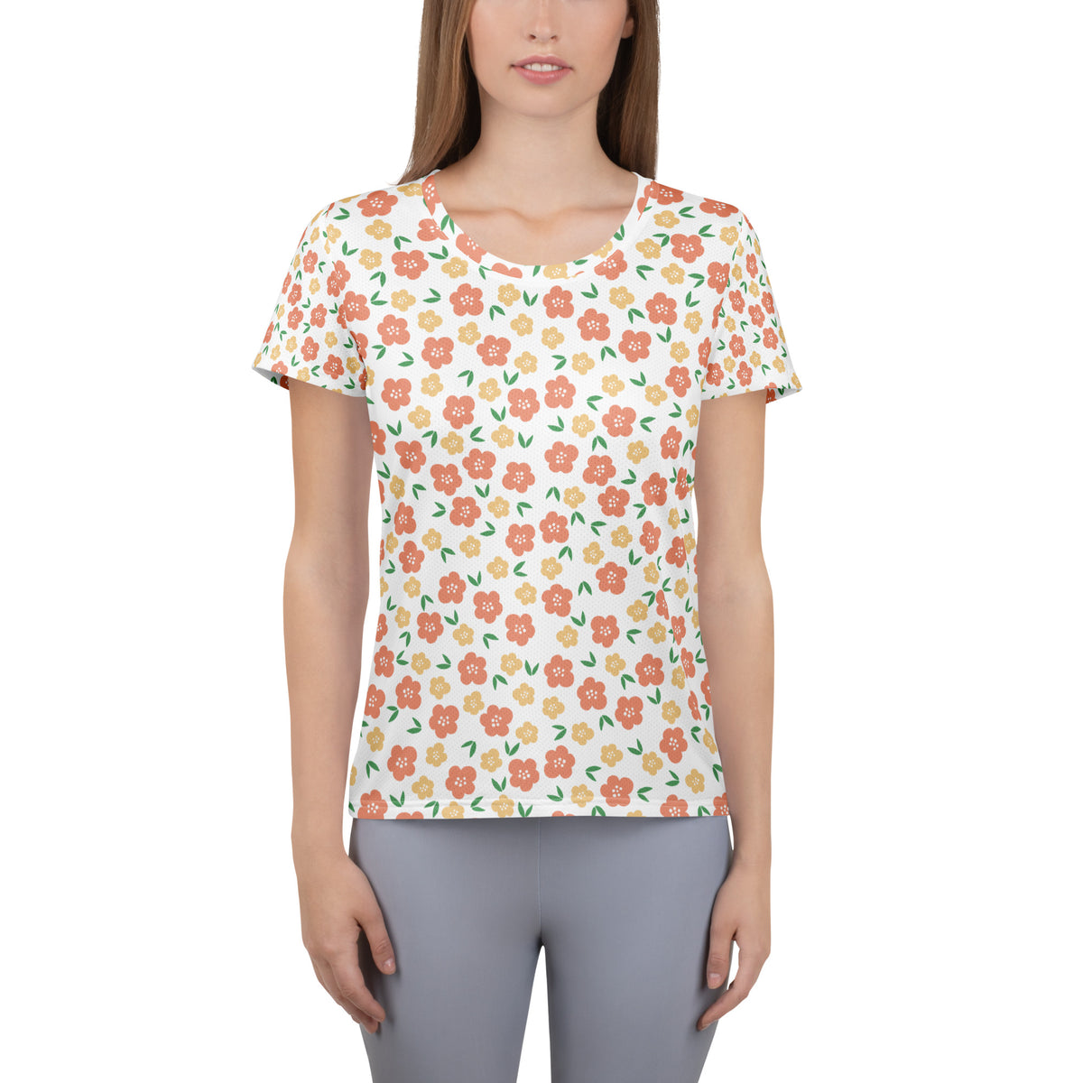 Women’s Peach Floral Athletic T-Shirt - Lightweight Moisture Wicking Workout Top With UPF 50+