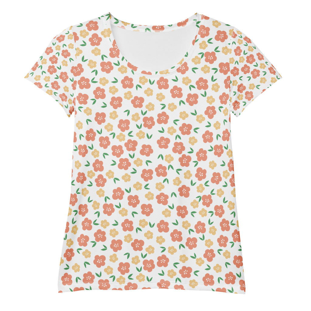 Women’s Peach Floral Athletic T-Shirt - Lightweight Moisture Wicking Workout Top With UPF 50+