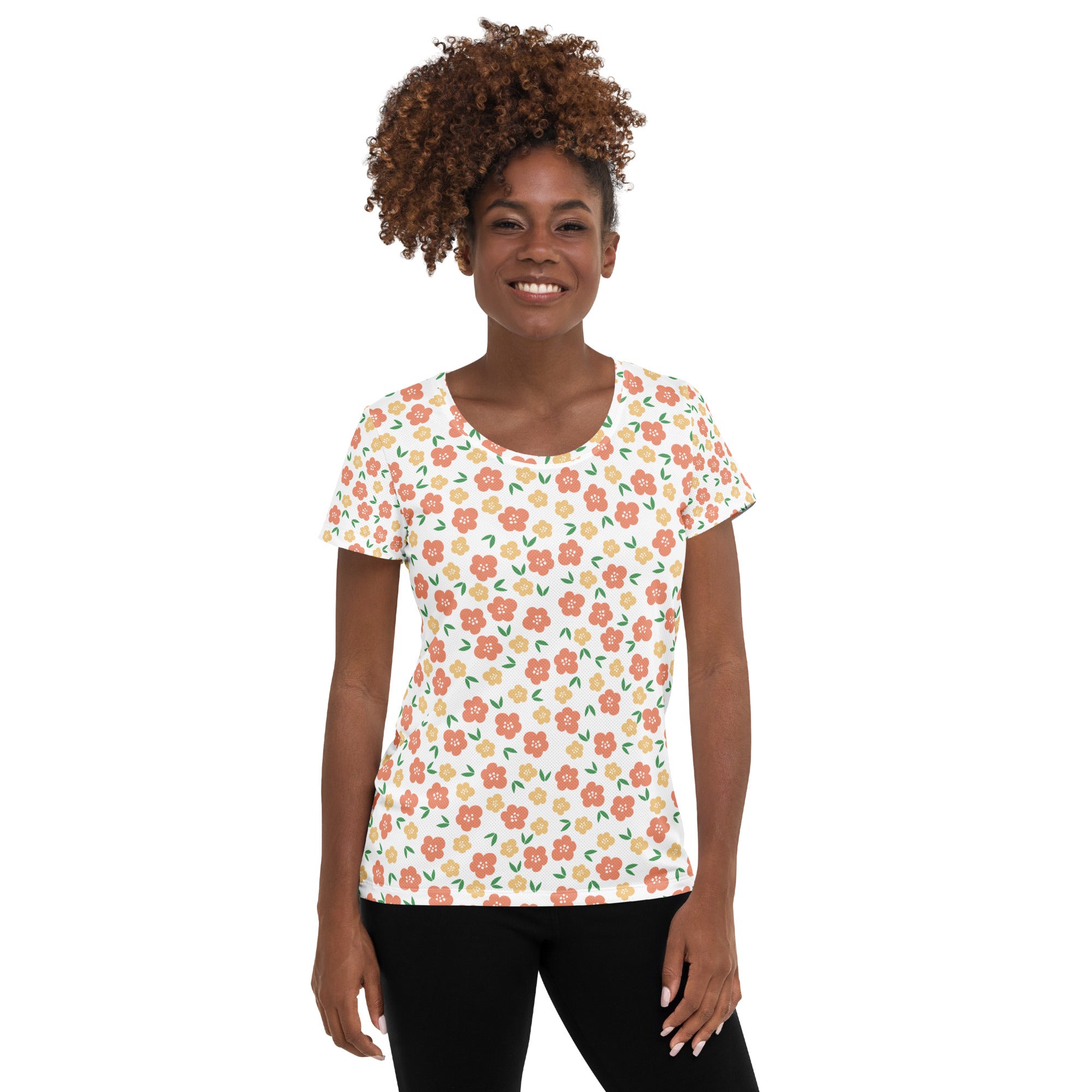 Women’s Peach Floral Athletic T-Shirt - Lightweight Moisture Wicking Workout Top With UPF 50+