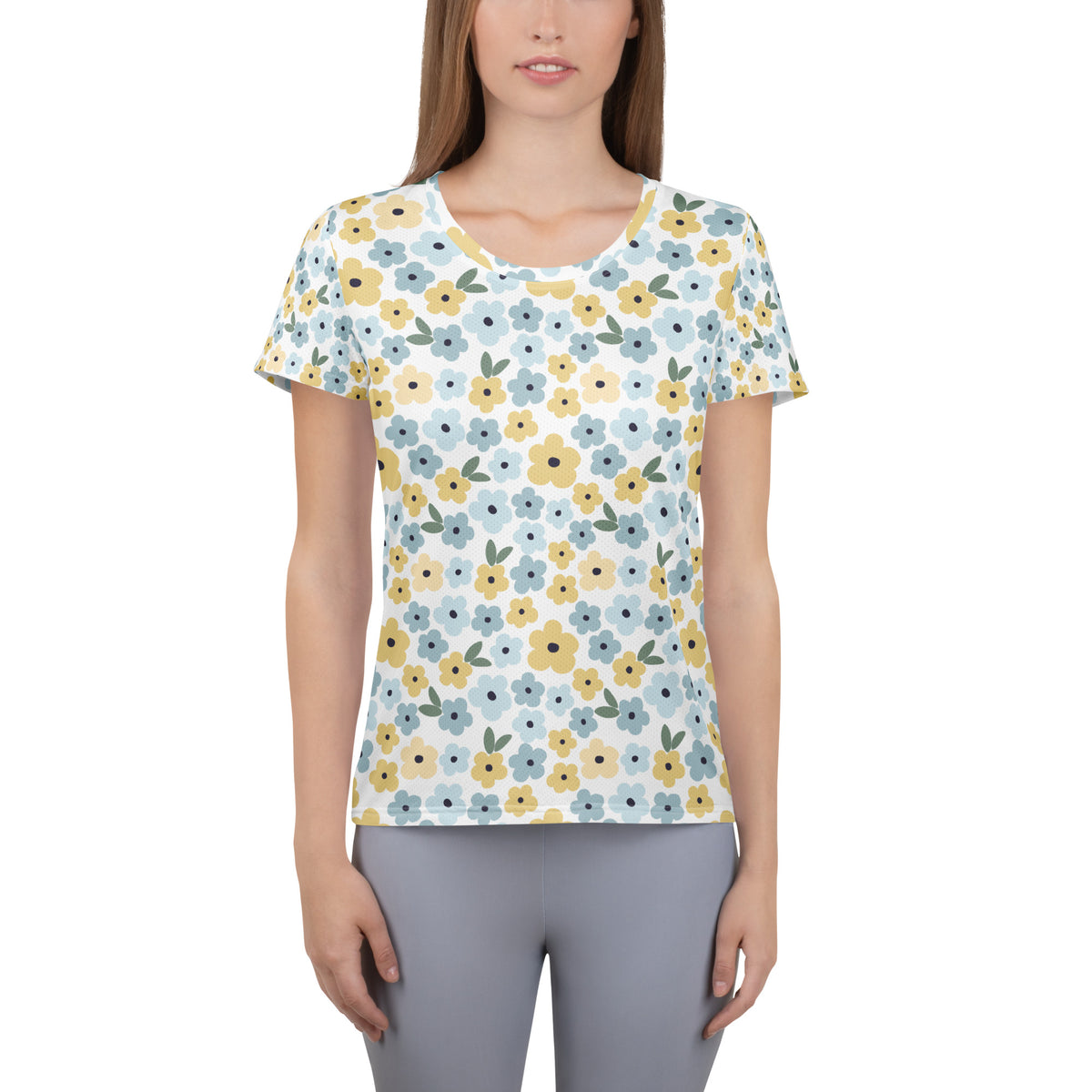 Women’s Blue & Yellow Floral Athletic T-Shirt - Lightweight Moisture Wicking Workout Top With UPF 50+