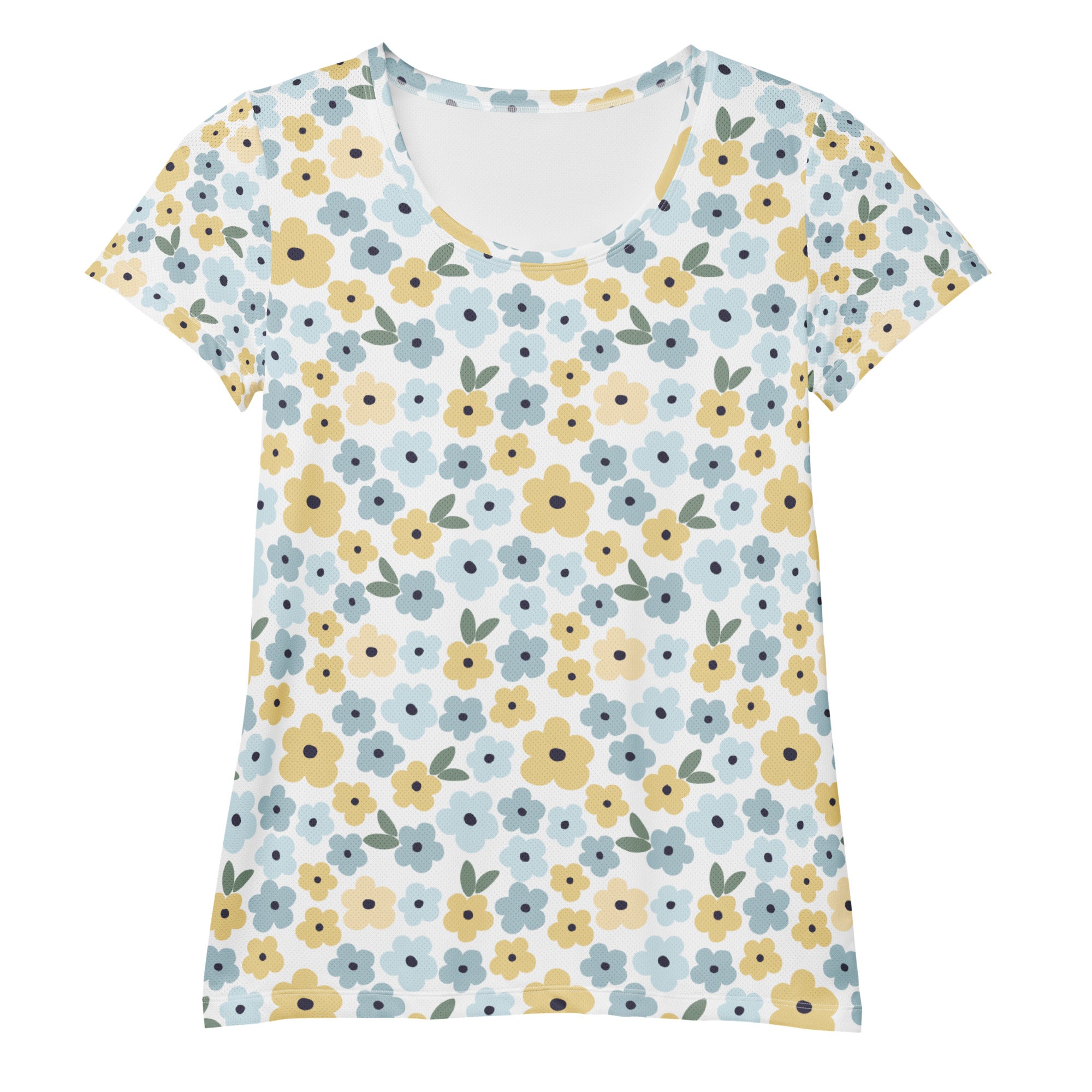 Women’s Blue & Yellow Floral Athletic T-Shirt - Lightweight Moisture Wicking Workout Top With UPF 50+