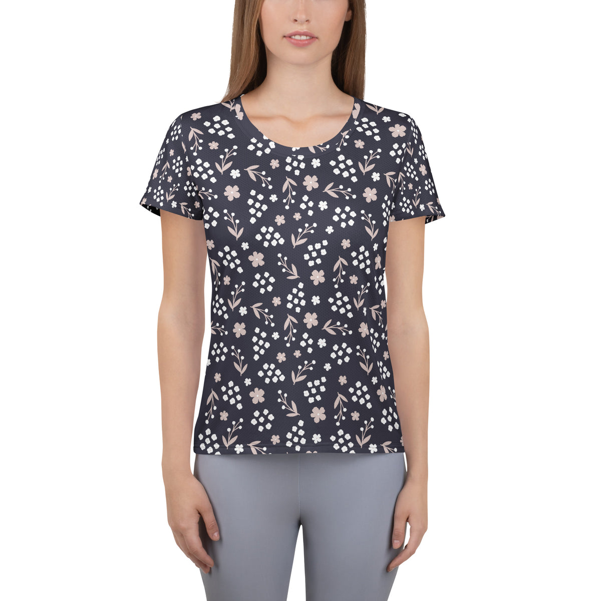 Women’s Charcoal Floral Athletic T-Shirt - Lightweight Moisture Wicking Workout Top With UPF 50+