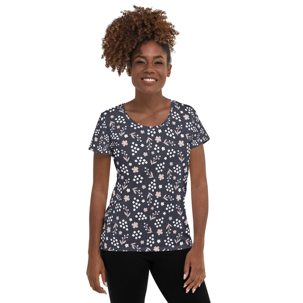 Women’s Charcoal Floral Athletic T-Shirt - Lightweight Moisture Wicking Workout Top With UPF 50+