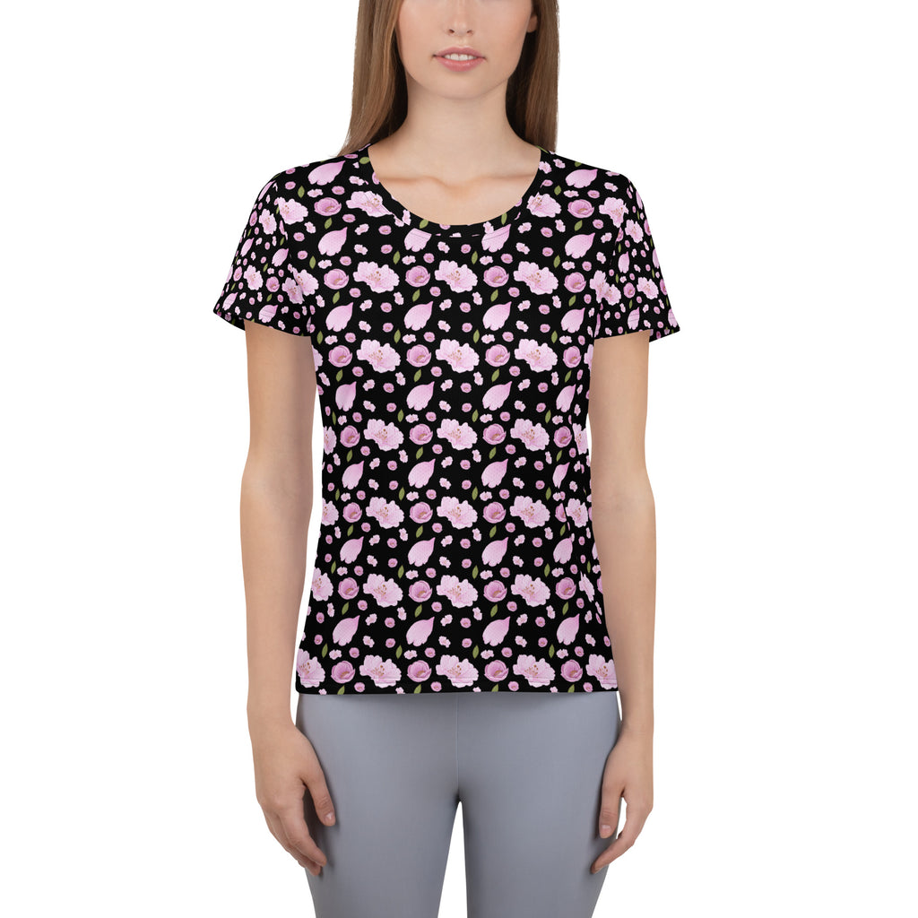 Women’s Black Blossom Athletic T-Shirt - Lightweight Moisture Wicking Workout Top With UPF 50+