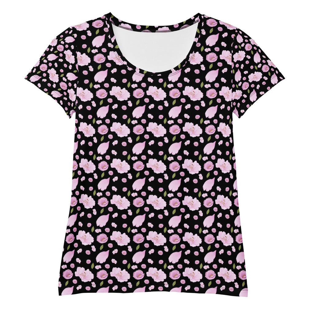 Women’s Black Blossom Athletic T-Shirt - Lightweight Moisture Wicking Workout Top With UPF 50+