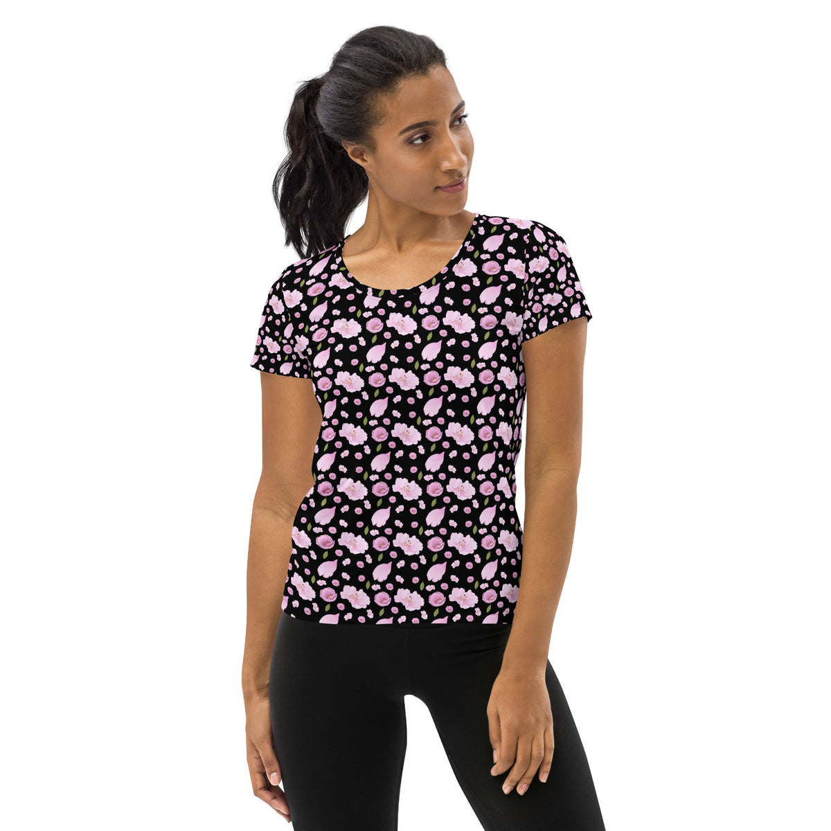 Women’s Black Blossom Athletic T-Shirt - Lightweight Moisture Wicking Workout Top With UPF 50+
