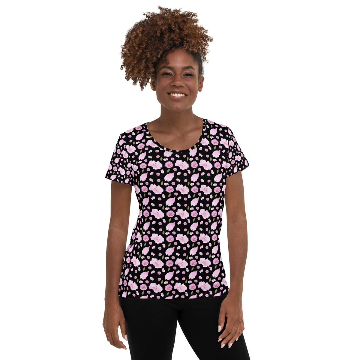 Women’s Black Blossom Athletic T-Shirt - Lightweight Moisture Wicking Workout Top With UPF 50+