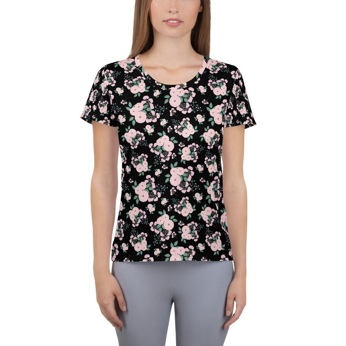Women’s Pink Rose Floral Athletic T-Shirt - Lightweight Moisture Wicking Workout Top With UPF 50+