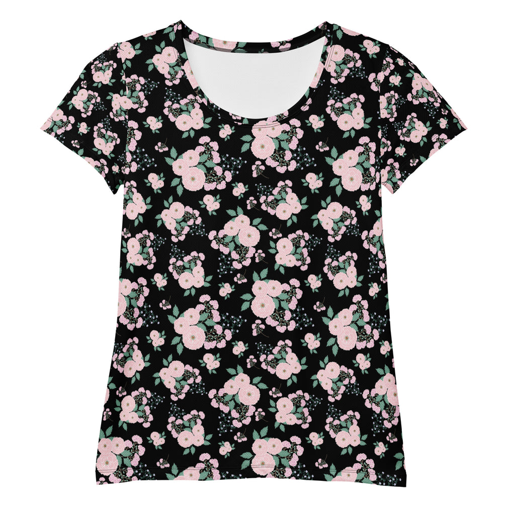 Women’s Pink Rose Floral Athletic T-Shirt - Lightweight Moisture Wicking Workout Top With UPF 50+