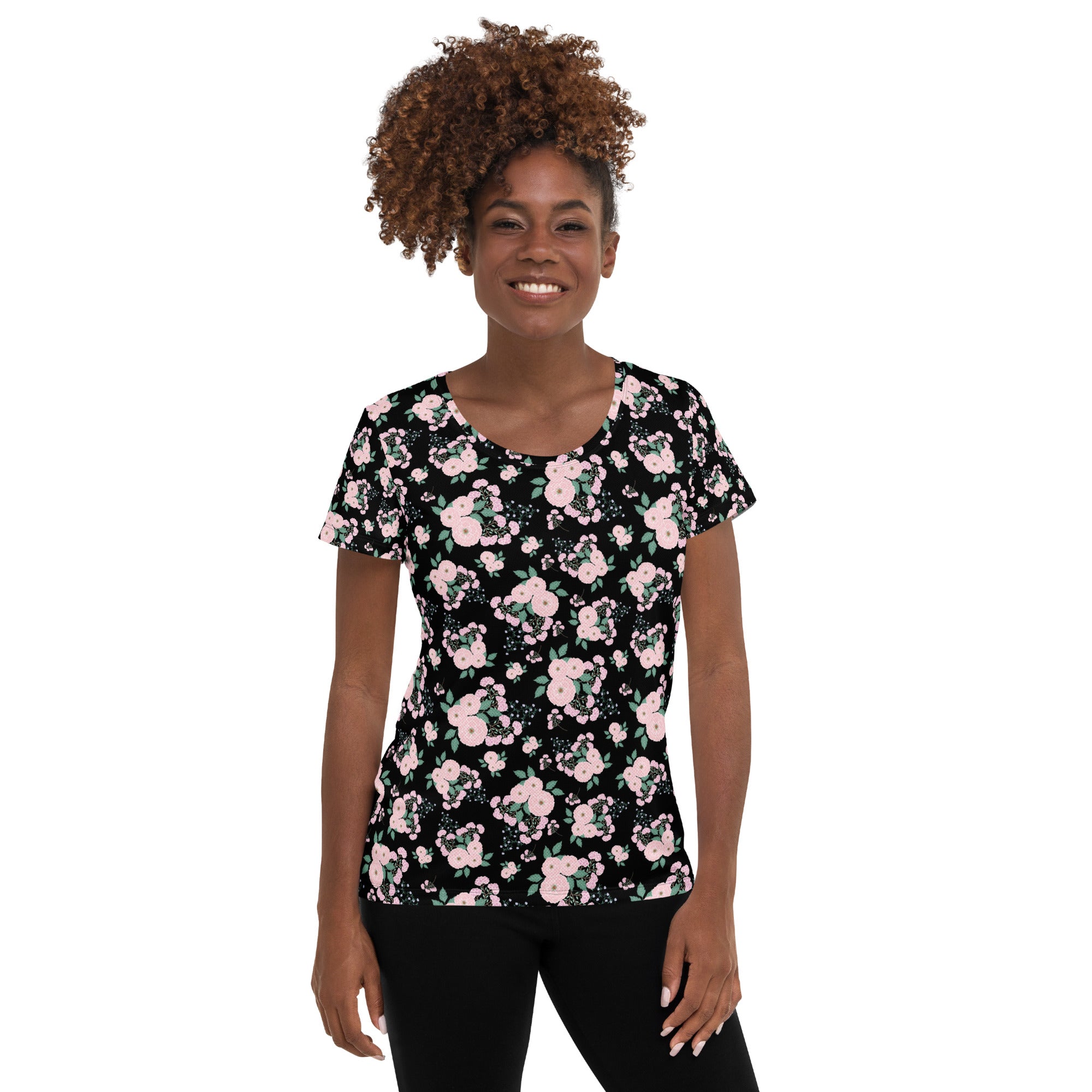 Women’s Pink Rose Floral Athletic T-Shirt - Lightweight Moisture Wicking Workout Top With UPF 50+