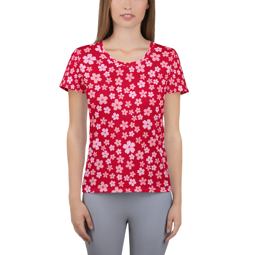 Women’s Rose Red Floral Athletic T-Shirt - Lightweight Moisture Wicking Workout Top With UPF 50+