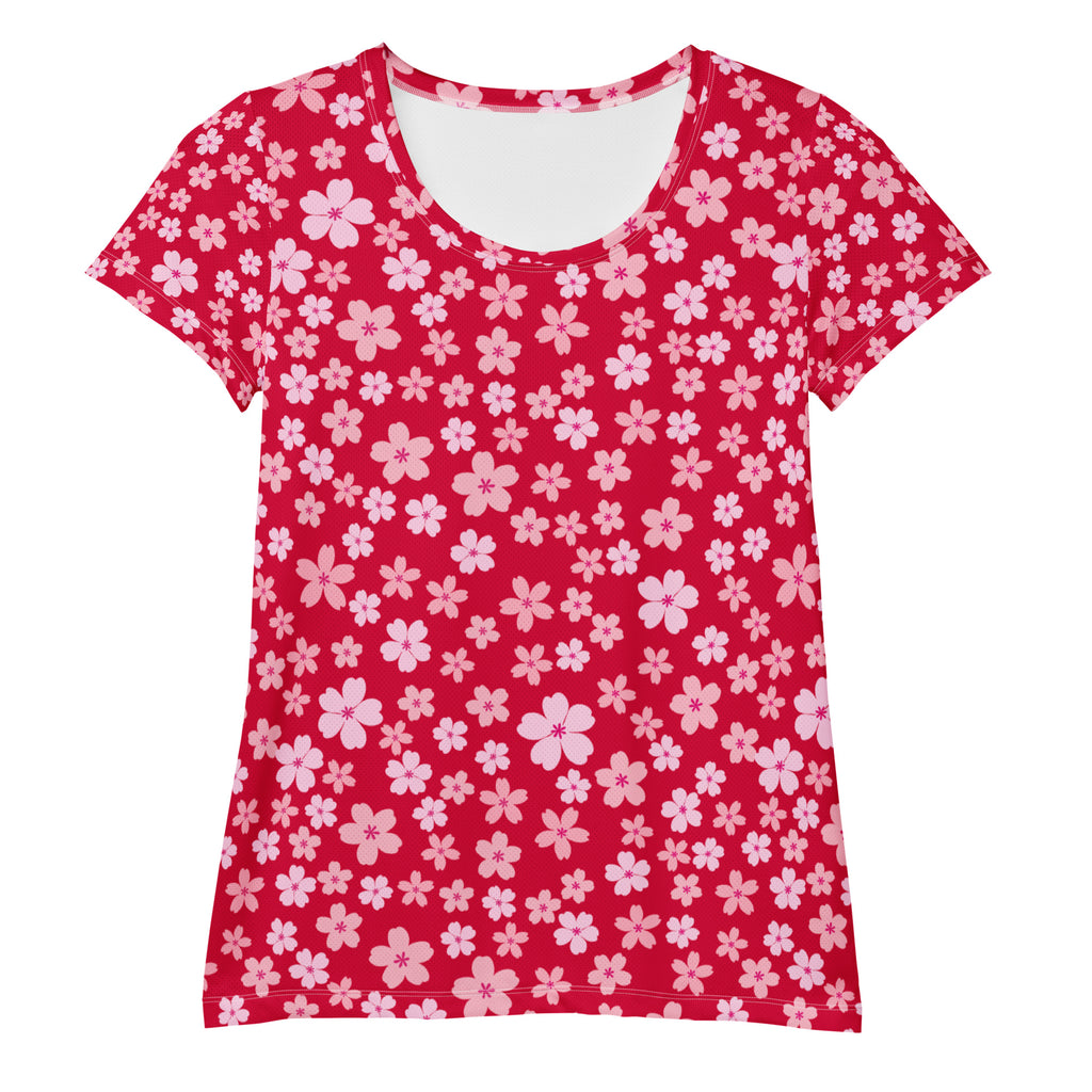 Women’s Rose Red Floral Athletic T-Shirt - Lightweight Moisture Wicking Workout Top With UPF 50+